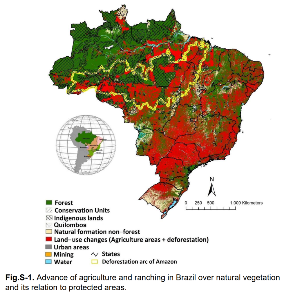 Advance of agriculture and ranching in Brazil over natural vegetation and its relation to protected areas. Graphic: Ferrante and Fearnside, 2019 / Environmental Conservation