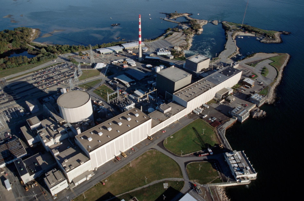 Aerial view of Millstone Power Station. Unit 2 of Millstone Power Plant near New London was shut down on 12 August 2012 after temperatures in the sound exceeded 75 degrees for 24 hours, the maximum temperature at which the nuclear power plant has permits to extract cooling water for the unit. Photo: Roger Ressmeyer / Corbis