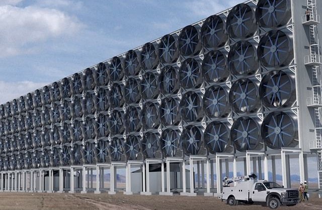 An array of Direct Air Capture (DAC) fans for capturing carbon dioxide from the atmosphere. Photo: Carbon Engineering, Ltd