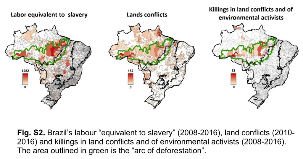 Brazil’s labour “equivalent to slavery” (2008-2016), land conflicts (2010-2016) and killings in land conflicts and of environmental activists (2008-2016). The area outlined in green is the “arc of deforestation”. Graphic: Ferrante and Fearnside, 2019 / Environmental Conservation