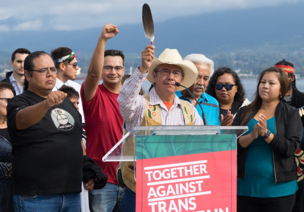 Chief Lee Spahan of Coldwater Indian Band celebrating on 30 August 2018, when the Supreme Court of Canada overturned the Liberals’ first approval of the Trans Mountain oil pipeline and its expansion project (TMX). Photo: Michael Ruffolo