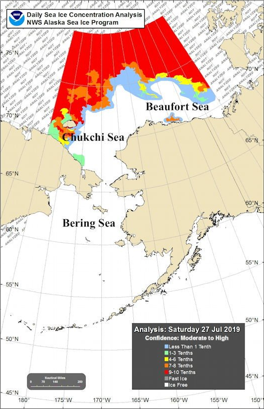 Daily sea ice conventration analysis for 27 July 2019. Graphic: NWS Alaska Sea Ice Program