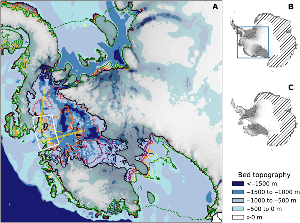 Destabilization of the West Antarctic Ice Sheet (WAIS) in the unperturbed reference simulation. (A) Grounding line and calving front of present-day observed state (green contours) and evolution of grounding line position during self-sustained retreat (colored contours, 750-year time steps), underlaid by bed topography (blue shading). The mass addition region used in the perturbation simulations is highlighted by the white sector, within which mass deposition is restricted to ice sheet areas that have been grounded at the onset of the perturbation. Insets show the state of the Antarctic Ice Sheet as observed (B) and after simulated collapse of the WAIS (C). Hatched area refers to the region outside the model domain, and blue rectangle indicates region shown in (A). Graphic: Feldmann, et al., 2019 / Science Advances