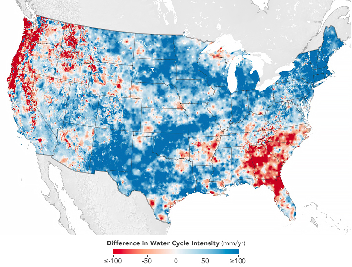 Difference in water cycle intensity in the U.S., 1945-2014. Data: data from Huntington, Thomas, et al., 2018 / Journal of Hydrology. Graphic: Lauren Dauphin / NASA Earth Observatory