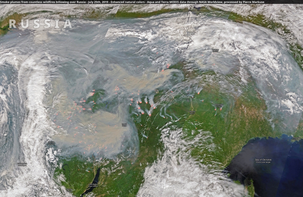 Enormous smoke plumes from countless wildfires billowing over Russia on 25 July 2019. Data: Aqua and Terra MODIS satellite data from NASA Worldview. Photo: NASA Worldview / Pierre Markuse