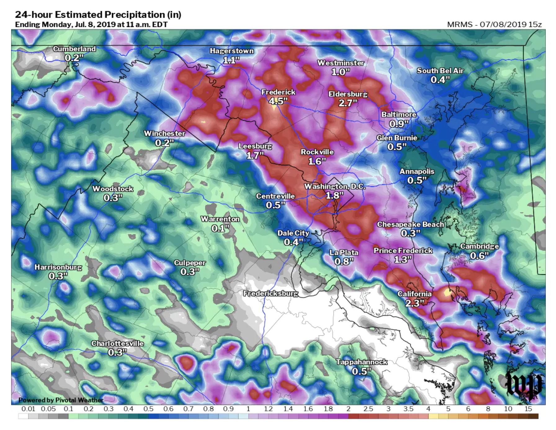 Estimated precipitation from radar combined with rain gauge data during the record rainfall in the Washington, D.C. region on 8 July 2019. Data: Pivotal Weather. Graphic: The Washington Post