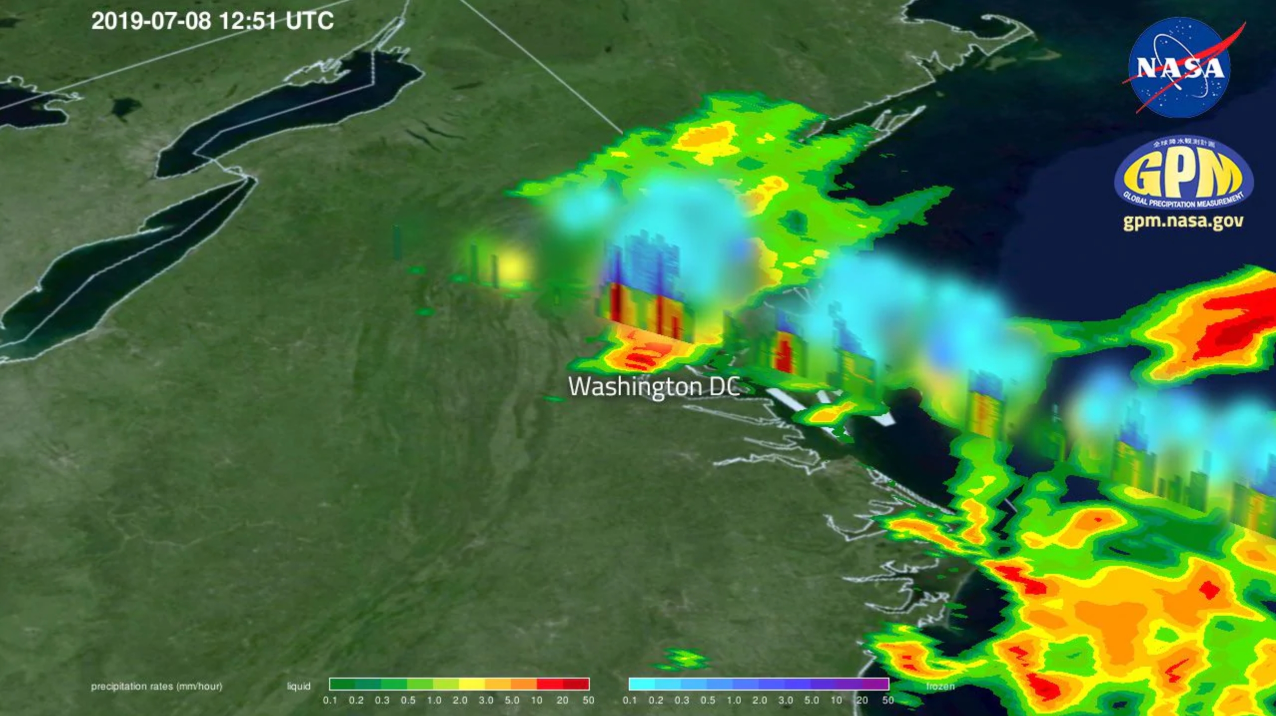 Estimates of rainfall rates in the Washington, D.C. area on 8 July 2019 from NASA's Global Precipitation Measurement Core Observatory. Graphic: NASA