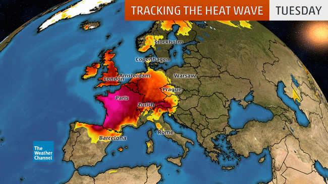 Forecast high-temperature departures from average for the European heat wave through Saturday, 27 July 2019. Areas in darker red and pink contours are expected to see temperatures the most above average each day. Graphic: The Weather Channel