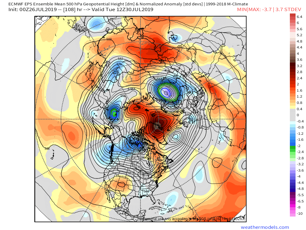 Forecast normalized 500 millibar height anomalies for 30 July 2019, showing how anomalous the high pressure system is in the middle atmosphere. A very anomalously strong high is centered over the Greenland Sea. Graphic: Weathermodels.com