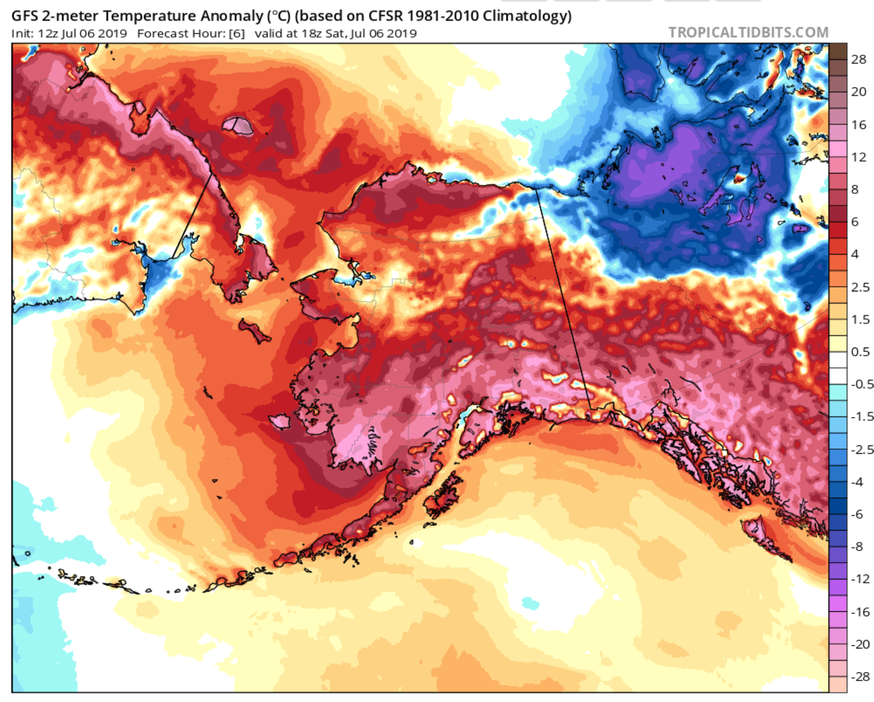 GFS 2-meter temperature anomaly forecast for Alaska on 6 July 2019. Graphic: Tropical Tidbits