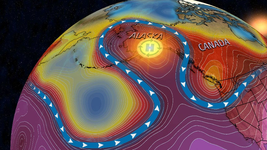 The jet stream wanders around Alaska, trapping a record-breaking heatwave over Anchorage, 3 July 2019. Graphic: The Weather Channel