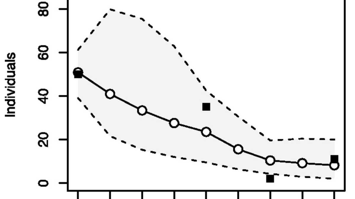 Lion population in Yankari National Park, 2006-2014, model fitted to time series (black squares are data, white circles are medians of the model-inferred true population sizes μt, and gray areas between dashes lines are 95 percent credible intervals). Graphic: Bauer, et al., 2015 / PNAS