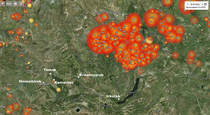 Map of wildfires around Krasnoyarsk and Novosibirsk, 21 July 2019. Graphic: The Siberian Times