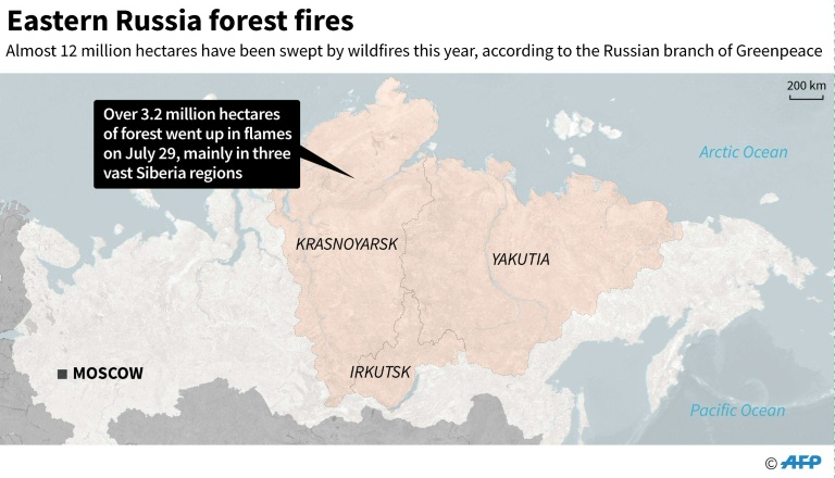 Map showing the location of Eastern Russia forest fires on 29 July 2019.  More than 3.2 million hectares (7.9 million acres) were in the grip of fires on Monday, and almost 12 million hectares have burned this year. Graphic: AFP
