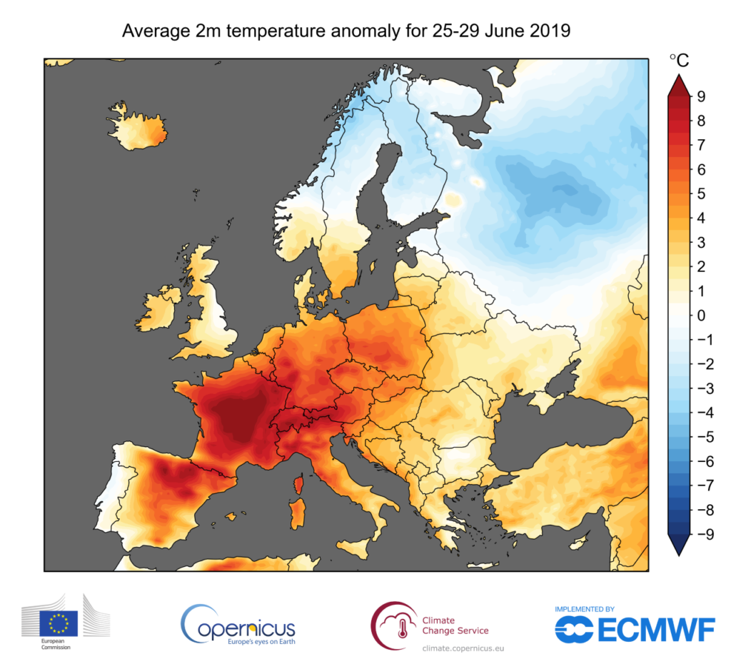 Map showing the anomalies in temperature (°C) estimated from ERA5 during the 5-day period of 25-29 June 2019. Graphic: ECMWF / Copernicus Climate Change Service