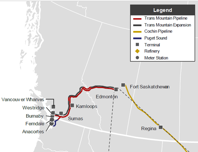 Map showing the path of the proposed Trans Mountain oil pipeline and its expansion project (TMX) from Edmonton, Alberta to Vancounver B.C. Graphic: Kinder Morgan