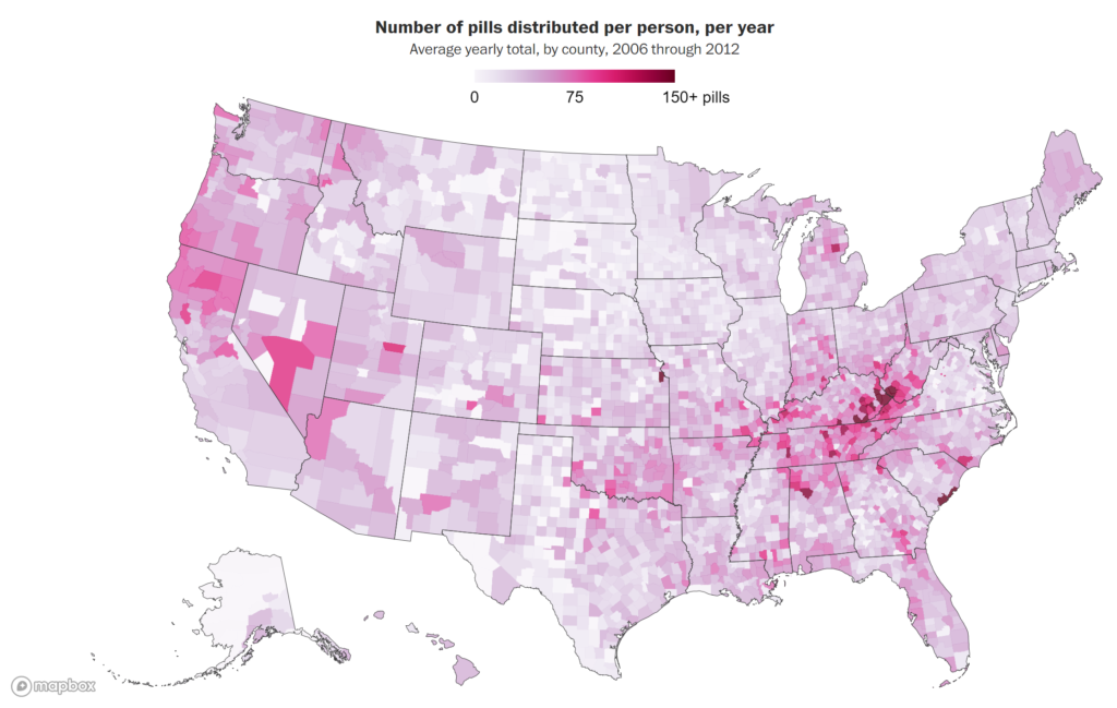 Number of opioid pills distributed per person, per year in the U.S., Average yearly total, by county, 2006 through 2012. Data: Drug Enforcement Administration. Graphic: The Washington Post
