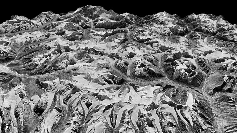 Oblique view of the Himalayas on the border of Sikkim, India and eastern Nepal, captured Dec. 20, 1975 by a KH-9 HEXAGON spy satellite. Such declassified images were used by researchers in a new study of Himalayan glacier melt by Maurer, et al., 2019 in Science Advances. Photo: National Reconnaissance Office / U.S. Geological Survey