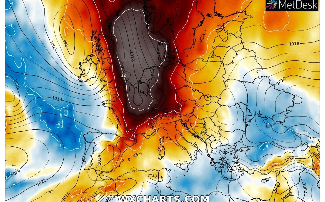 Predicted temperature anomaly over Europe for 26 July 2019. Graphic; MetDesk / WXCHARTS