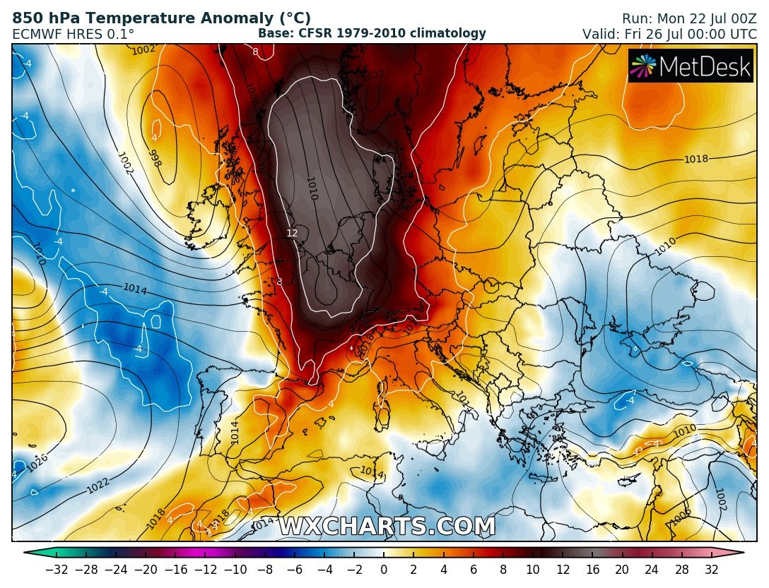 Predicted temperature anomaly over Europe for 26 July 2019. Graphic; MetDesk / WXCHARTS