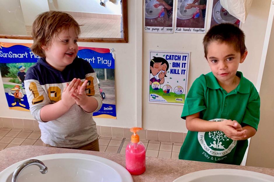 Preschool children in Tenterfield, New South Wales, Australia learn to soap their hands with the tap off to conserve water during the drought in July 2019. “Because otherwise the fish will die and we won't be able to drink,” they say. Photo: Lucy Barbour / ABC News