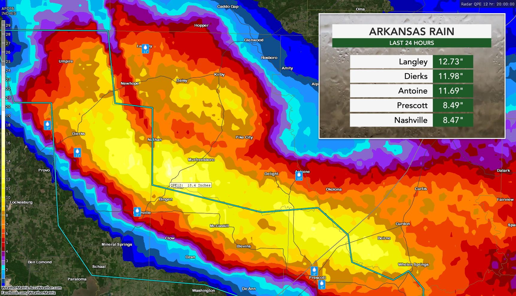 Radar estimates of rainfall in Arkansas from Tropical Depression Barry, 16 July 2019. Arkansas is now the fifth state to post a new tropical storm or hurricane rainfall record since 2017, joining Texas, Hawaii, North Carolina, and South Carolina. These exceptional rainstorms keep happening and appear to be part of a trend toward more extreme events connected to climate change. Graphic: WeatherMatrix