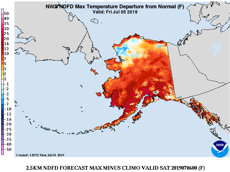 Record breaking temperatures forecast across Alaska, 5 July 2019, as a strong upper level ridge parks over the state. Data: NWS Fairbanks / NWS Juneau / NWS Anchorage. Graphic: NWS WPC