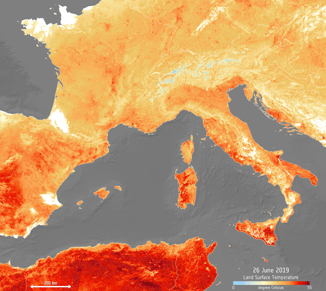 Satellite data of temperatures across Europe in later June 2019 and late July 2019, when a record-breaking heat wave swept across the continent. Graphic: Copernicus Sentinel / ESA