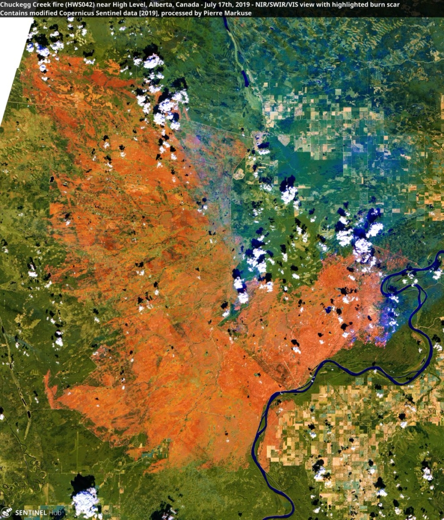 Satellite view of a 3,390 km² big burn scar from the Chuckegg Creek Fire near High Level, Alberta, Canada, on 17 July 2019. Photo: Pierre Markuse / Copernicus EU