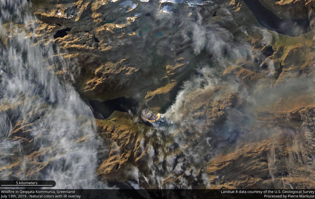 Satellite view of a wildfire in Qeqqata Kommunia, Greenland, 13 July 2019. Photo: Pierre Markuse / Copernicus EU