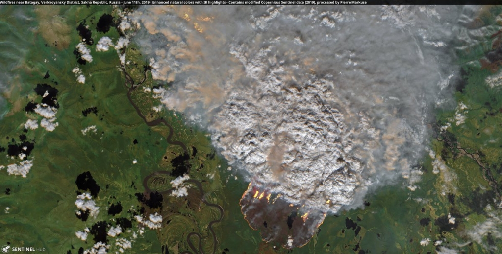 Satellite view of wildfires near Batagay, in the Verkhoyansky District of the Sakha Republic, Russia, on 16 July 2019. Photo: Pierre Markuse / Copernicus EU