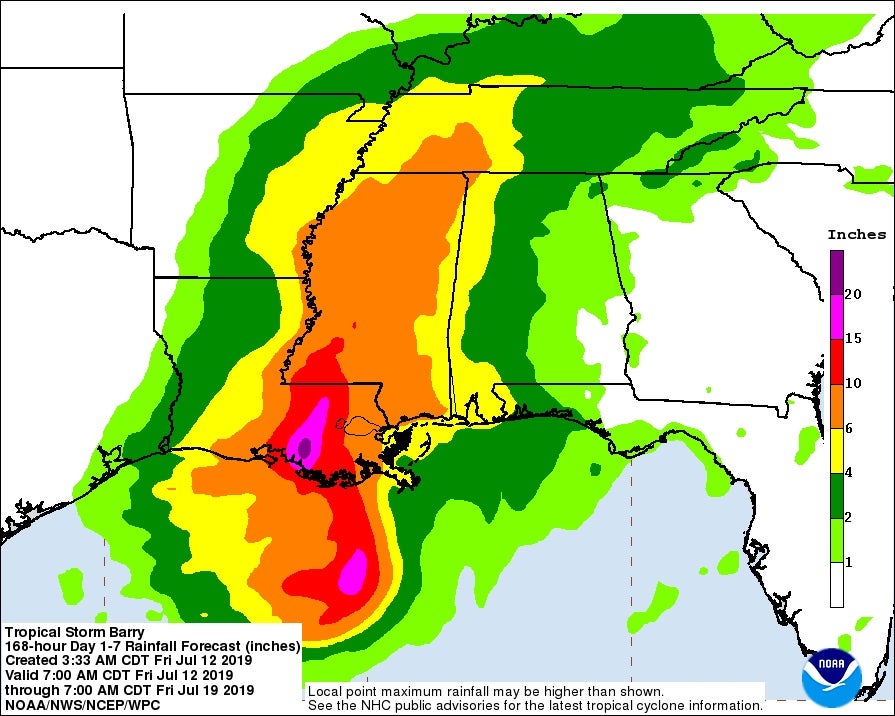 Seven-day rainfall forecast for Tropical Storm Barry, from 12 July 2019 to 19 July 2019. Graphic: NOAA / NWS / WPC