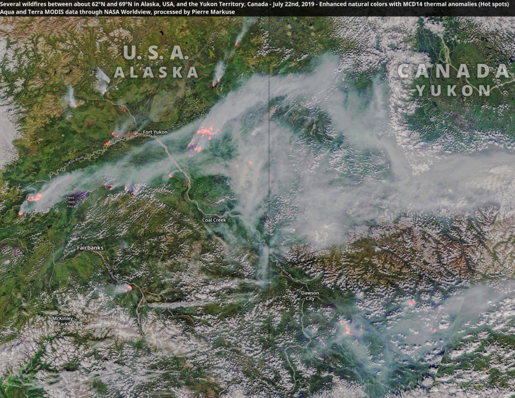 Several wildfires and smoke between about 62°N and 69°N in Alaska, US, and the Yukon Territory, Canada, 22 July 2019. Data: Aqua and Terra MODIS satellite data from NASA Worldview. Photo: NASA Worldview / Pierre Markuse