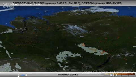 Satellite view of the smoke plume from wildfires spreading over Siberia over two weeks in July 2019. Video: Krasnoyarsk Research Center