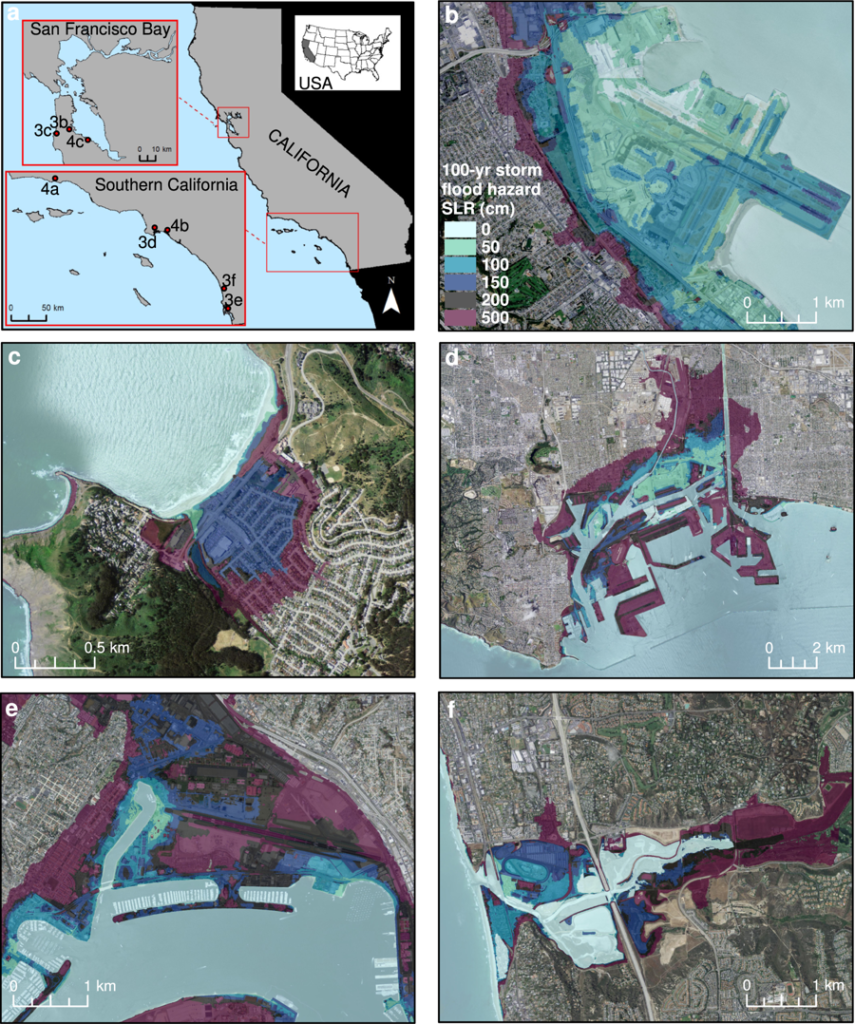 Study area and coastal flooding examples due to an extreme storm in California. (a) Study area for CoSMoS with insets. Examples of modeled flood extents for the 100-year coastal storm in combination with 0, 0.50, 1.00, 1.50, 2.00 and 5.00 m of SLR: (b) San Francisco International Airport, (c) City of Pacifica, (d) Port of Los Angeles and Port of Long Beach, (e) Port of San Diego and San Diego International Airport, and (f) City of Del Mar. Graphic: Barnard, et al., 2019 / Scientific Reports