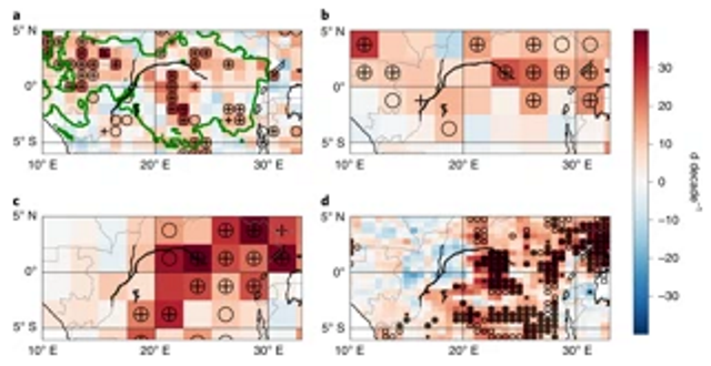 Spatial patterns of linear trends of the JJA DSL from four precipitation datasets for the period 1988–2013. Graphic: Jiang, et al., 2019 / Nature Climate Change