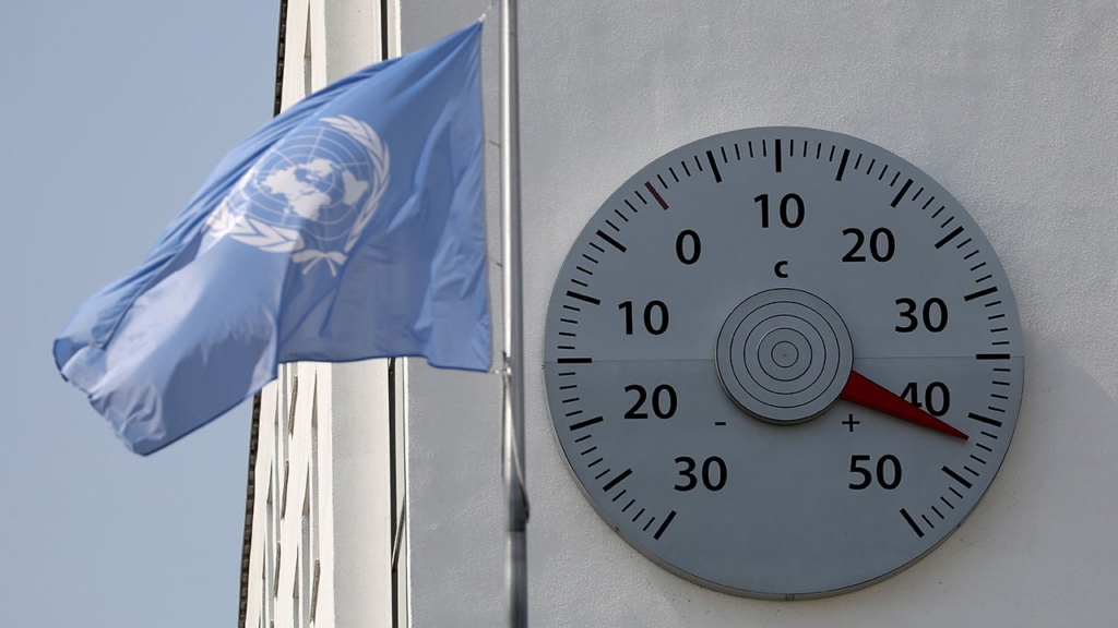 The thermometer at the United Nations office shows 42 degrees Celcius (107.6 degrees Fahrenheit) in Bonn, western Germany on 25 July 2019, during Europe’s record-breaking heatwave. Photo: Oliver Berg / AFP / Getty Images