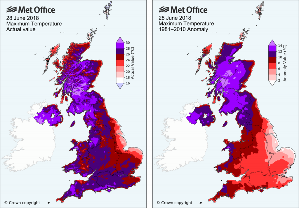UK maximum temperature for 28 June 2018, actual value (left) and anomaly relative to 1981-2010 (right). Graphic: Met Office