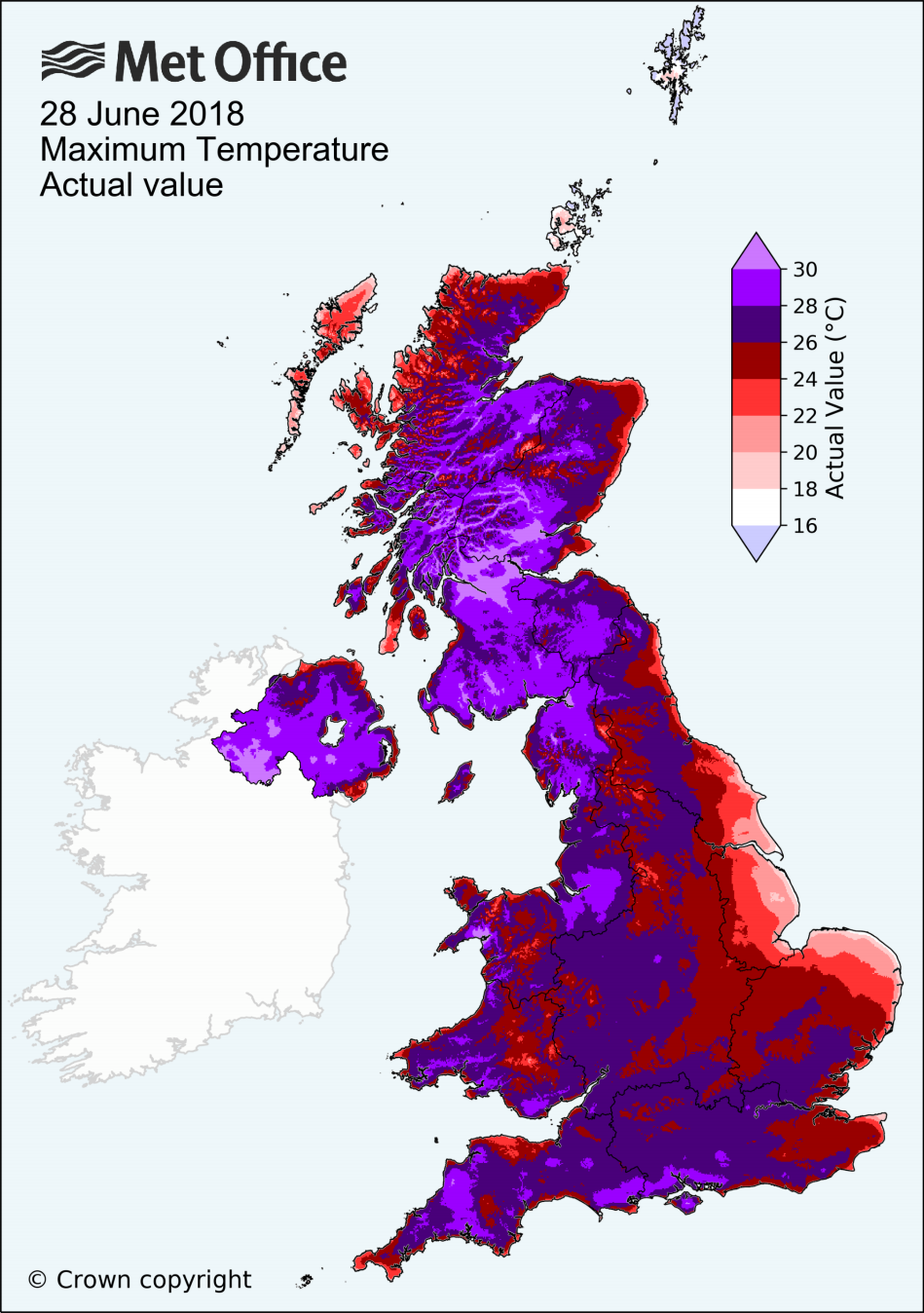 UK maximum temperature for 28 June 2018, actual value. Graphic: Met Office