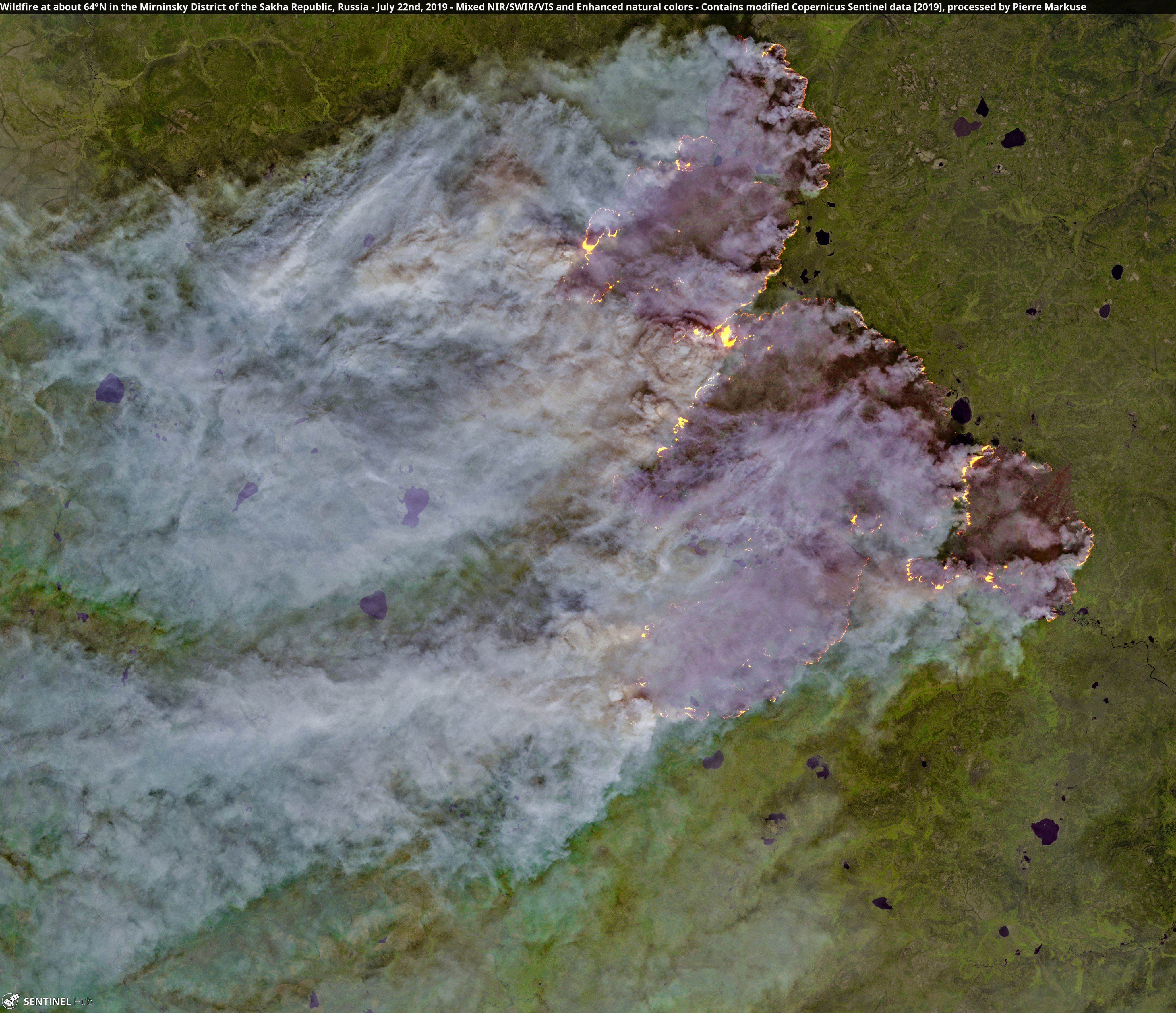 Wildfire at about 64°N in the Mirninsky District of the Sakha Republic, Russia, 22 July 2019. Photo: Copernicus Sentinel-2 / Pierre Markuse