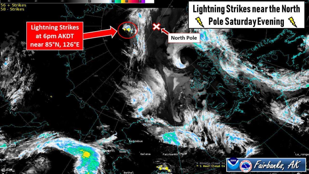 A number of lightning strikes were recorded on Saturday evening, 10 August 2019, within 300 miles of the North Pole. It was the largest number of lightning strikes ever seen so far north. Photo: National Weather Service, Fairbanks