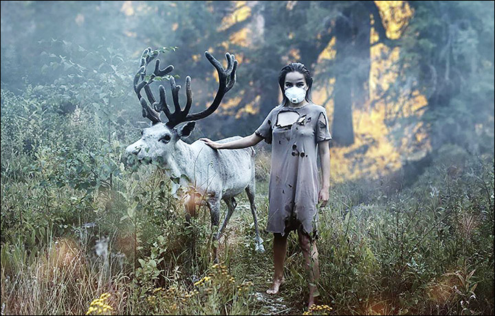 Yakutsk photographer Natalia Negnyurova created this composite image with a reindeer to attract attention to the threat that Siberian wildfires pose to wildlife. She said, “After we posted the pictures, many messaged us worrying that ‘model’ animals were distressed from being so close to fire. We took both pictures in the woods on Yakutia, with a rabbit and a reindeer. The smoke was a bit enhanced while the fire was added later via photo editor”. Photo: Natalia Negnyurova