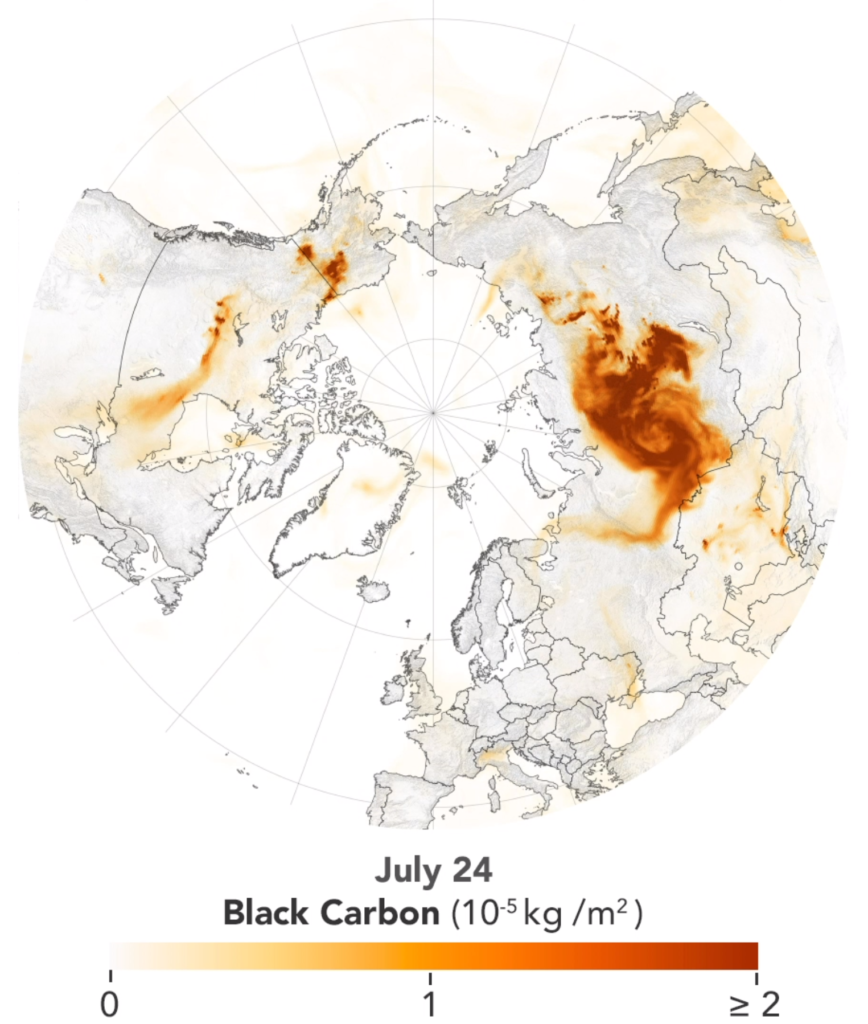 Map showing the concentration of black carbon particulates — commonly called soot — around the Arctic 24 July 2019. Graphic: Lauren Dauphin / NASA Earth Observatory
