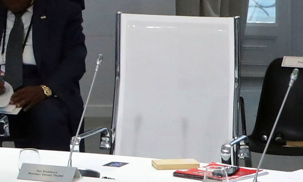 Donald Trump’s empty chair at the G7 talks on the climate emergency on Monday, 26 August 2019. Photo: POOL / Reuters