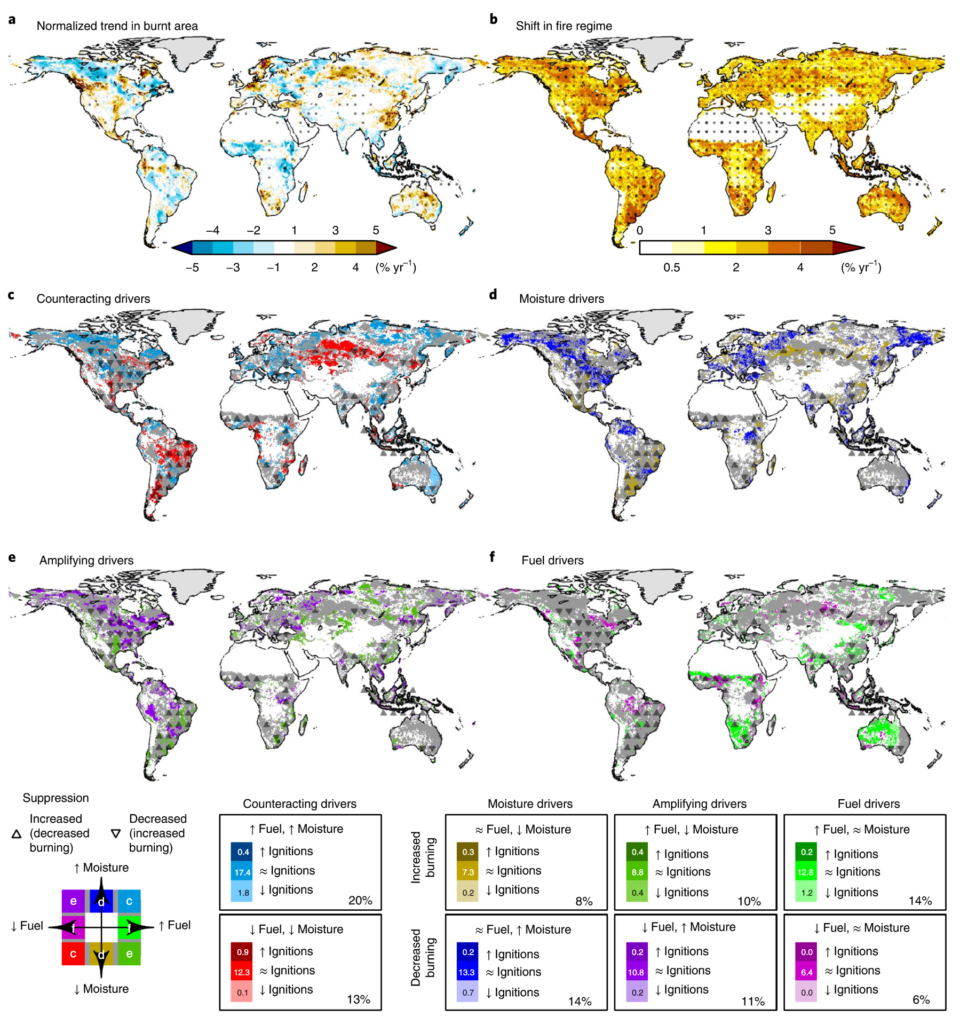 Drivers of wildfire trends in burned areas. (a) Annual trend in burnt area as a percentage of mean burnt area for the period 2000–2014. (b) Absolute change in controls as a percentage of the maximum possible change. Stippled areas in a and b are where the sampled posterior parameter s.d. falls within 50 percent (light) and 10 percent (heavy) of the mean change. c–f, Areas with a shift in fire regime equivalent to >50 percent in at least one control driver are coloured either grey or as follows: cyan for increased fuel and moisture or red for decreased fuel and moisture (c); yellow for decrease in fuel moisture or blue for increase in moisture (d); lime green for increased continuity and decreased moisture or violet for decreased fuel and increased moisture (e); green for increased fuel continuity or purple for decrease in fuel (f). Increased/decreased ignitions are represented by darker/lighter colours and increased/decreased suppression is represented by upward/downward arrows, respectively. Percentages in the legend indicate the land area of significant regime shift covered by each fuel and moisture driver combination, and the highlighted numbers give the breakdown for increase, no change or decrease in ignitions. Graphic: Kelley, et al., 2019 / Nature Climate Change