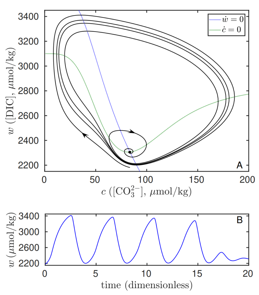 Excitation near the saddle-node bifurcation of the global carbon cycle model. The phase space trajectory (A) and time series (B) are obtained for an above-threshold excitation with cx = 55.73 µmol kg−1. All other parameters are the same as in Figure 5C-D. Only the fixed point is stable. However, because the system is close to the saddle-node bifurcation of cycles, the excitation results in a series of pulses of similar magnitude before returning to the fixed point. Graphic: Rothman, 2019 / PNAS