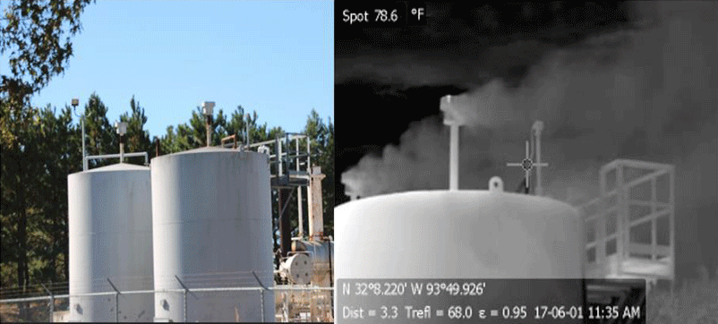 Gas storage tanks receiving natural gas from feeder pipelines before compression for transport in high-pressure pipelines at the Haynseville shale formation, Texas. The photo on left was taken with a normal camera. The photo on the right was taken with a forward-looking infrared (FLIR) camera tuned to the infrared spectrum of methane, allowing visualization of methane, which is invisible in the normal camera view and to the naked eye. Photo: Sharon Wilson / Howarth, 2019 / Biogeosciences