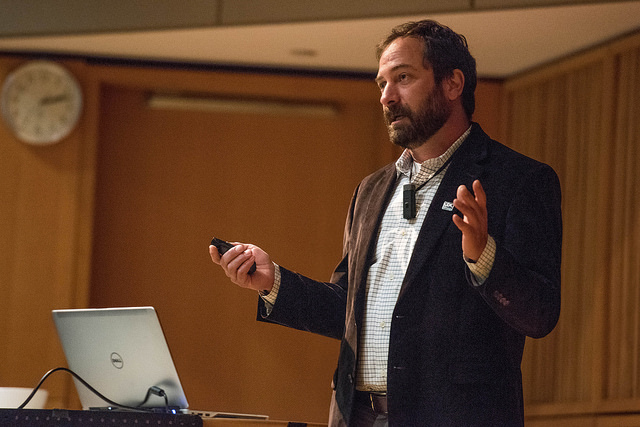 George Luber spoke at Monsanto Auditorium about the health threats of climate change at the MU Life Sciences & Society Program’s 12th annual symposium, “Confronting Climate Change,” held on 12 March 2016 in the Bond Life Sciences Center. Photo: Bond Life Sciences Center