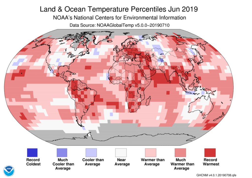 Map of global land and ocean temperature percentiles, June 2019. June 2019 was the warmest June on record for the globe. Graphic: NOAA