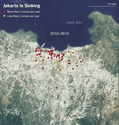 Satellite views of land subsidence in Jakarta Indonesia in 1984-1991 and 2010-2015. Data: Subsidence data courtesy of Irwan Gumilar of Geodesy Research Group of ITB; satellite images via Landsat 5 and Landsat 8. Graphic: The New York Times